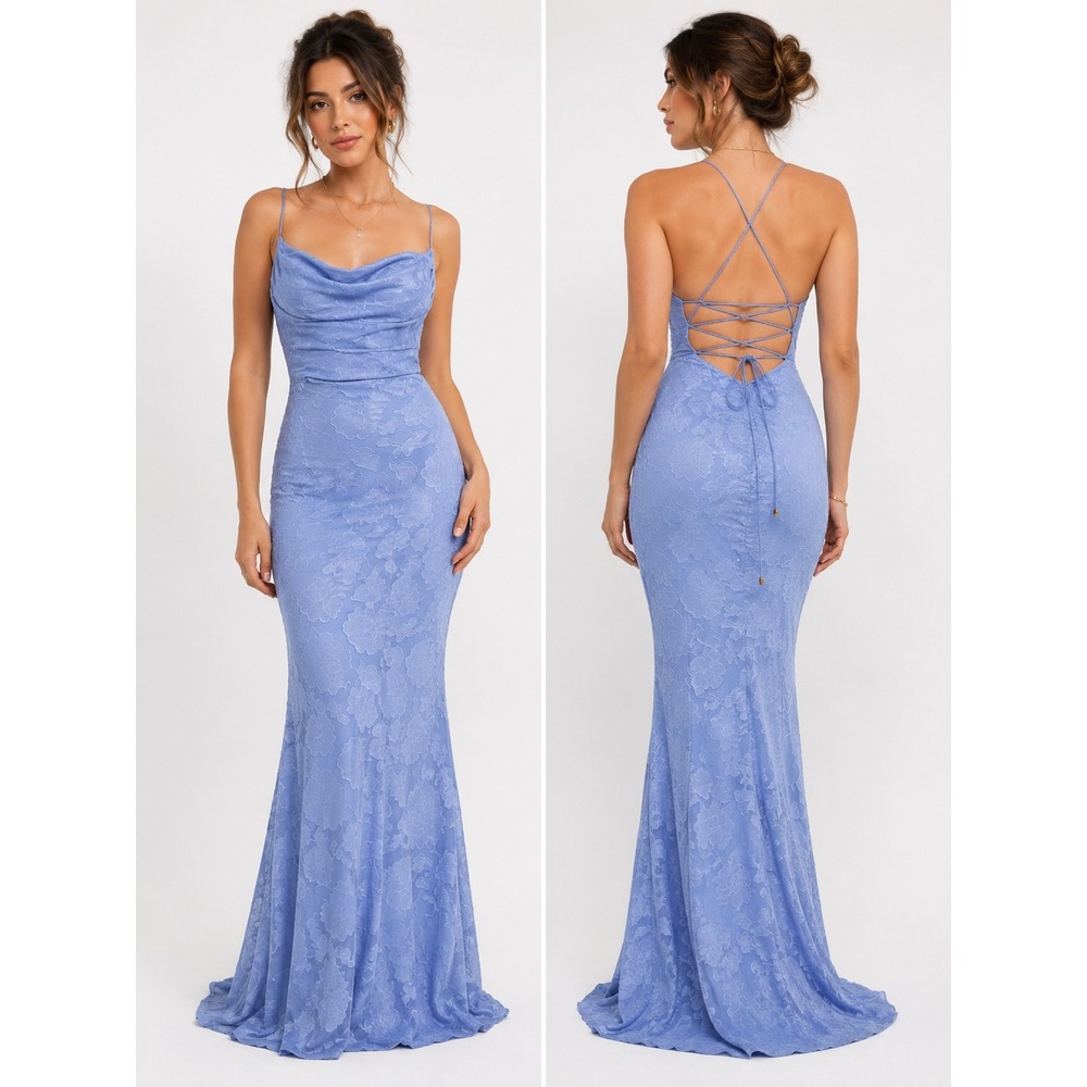 Hello Molly Maxi Dress US 4 Blue Floral Jacquard Cowl Neck Lace Up Back Gown